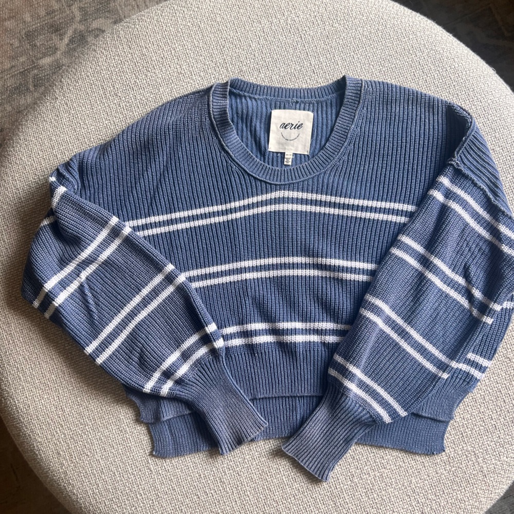 Aerie Women’s Blue and White Striped Crewneck Sweater Oversized Xsmall